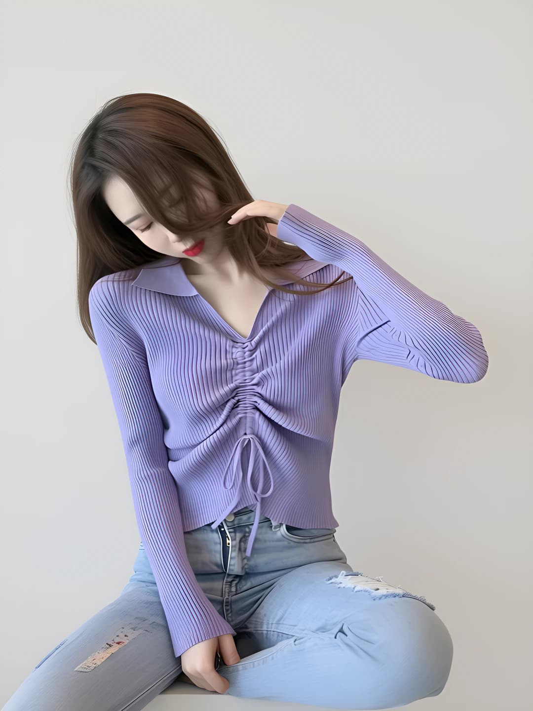 Women's autumn-winter sweater, POLO collar and V-neck, long sleeve, slim fit, casual style