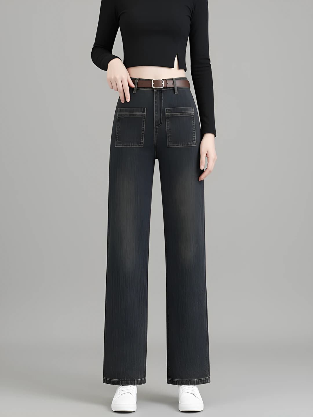 Women's retro cement grey wide and flared jeans, spring-autumn 2026, loose fit, stretch, straight cut, trousers