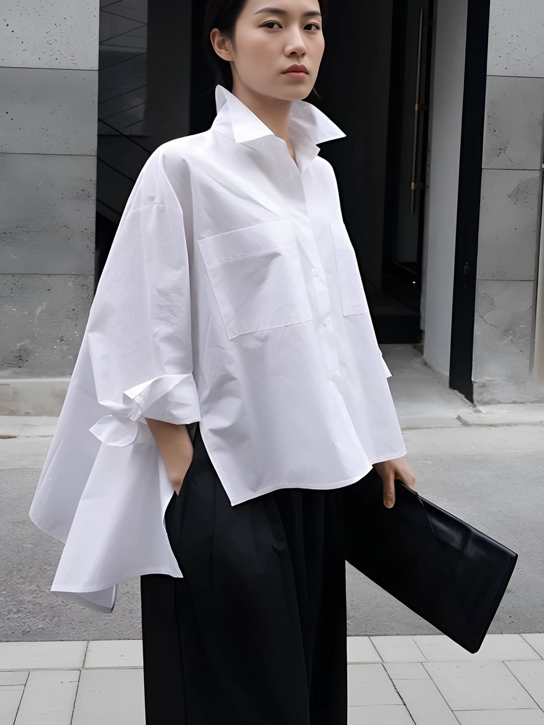 Женская белая рубашка свободного кроя (oversize) с отложным воротником, длинным рукавом, однотонная, в корейском стиле, на весну-осень, большого размера, с асимметричным подолом