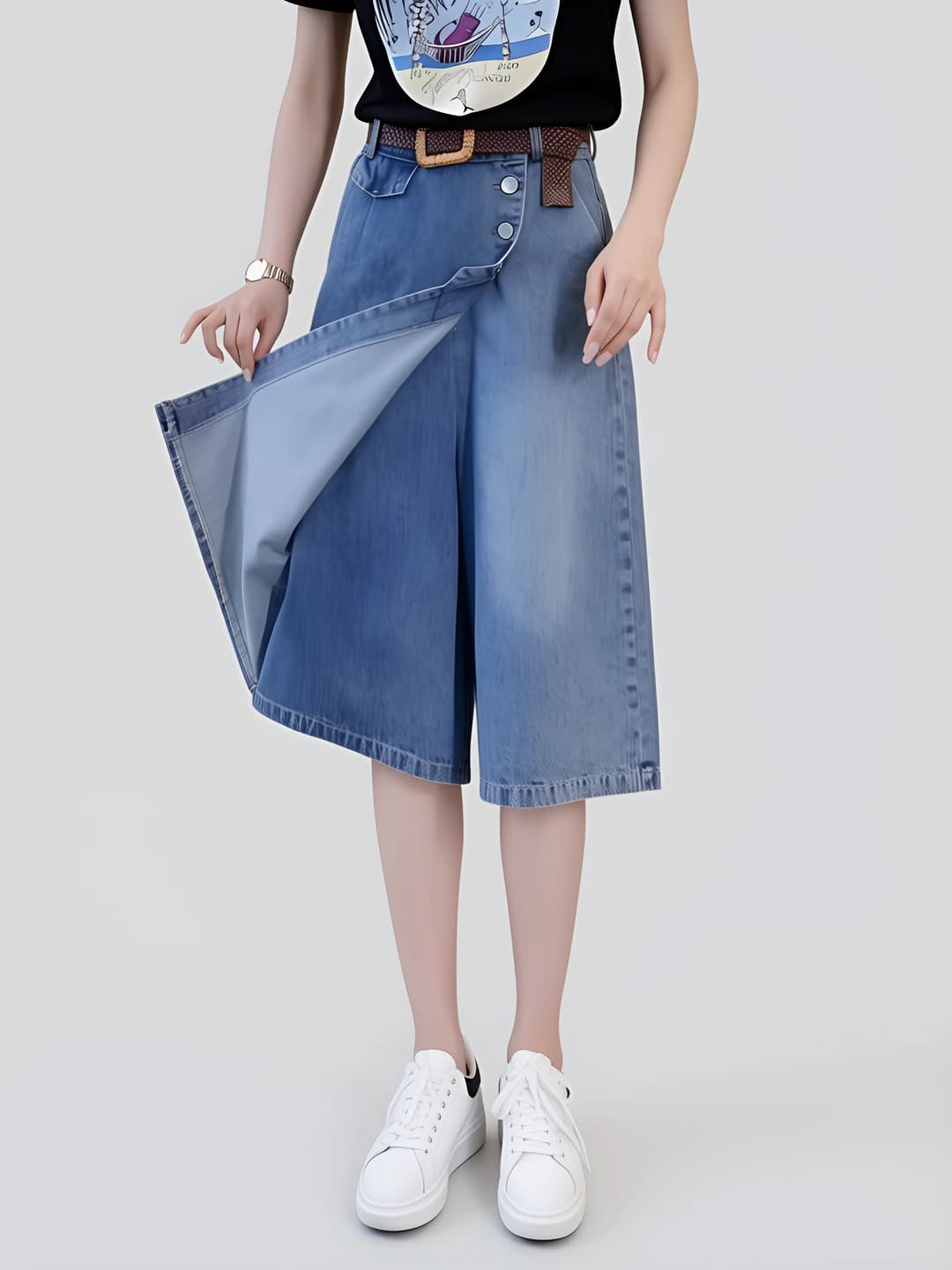 Women's denim skort, summer thin, high waist, capri trousers, straight cut, casual style