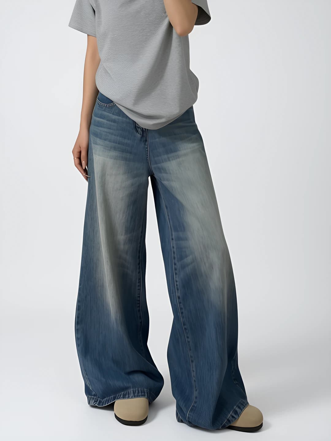 Women's winter retro high waist wide-leg jeans, plus size, loose fit