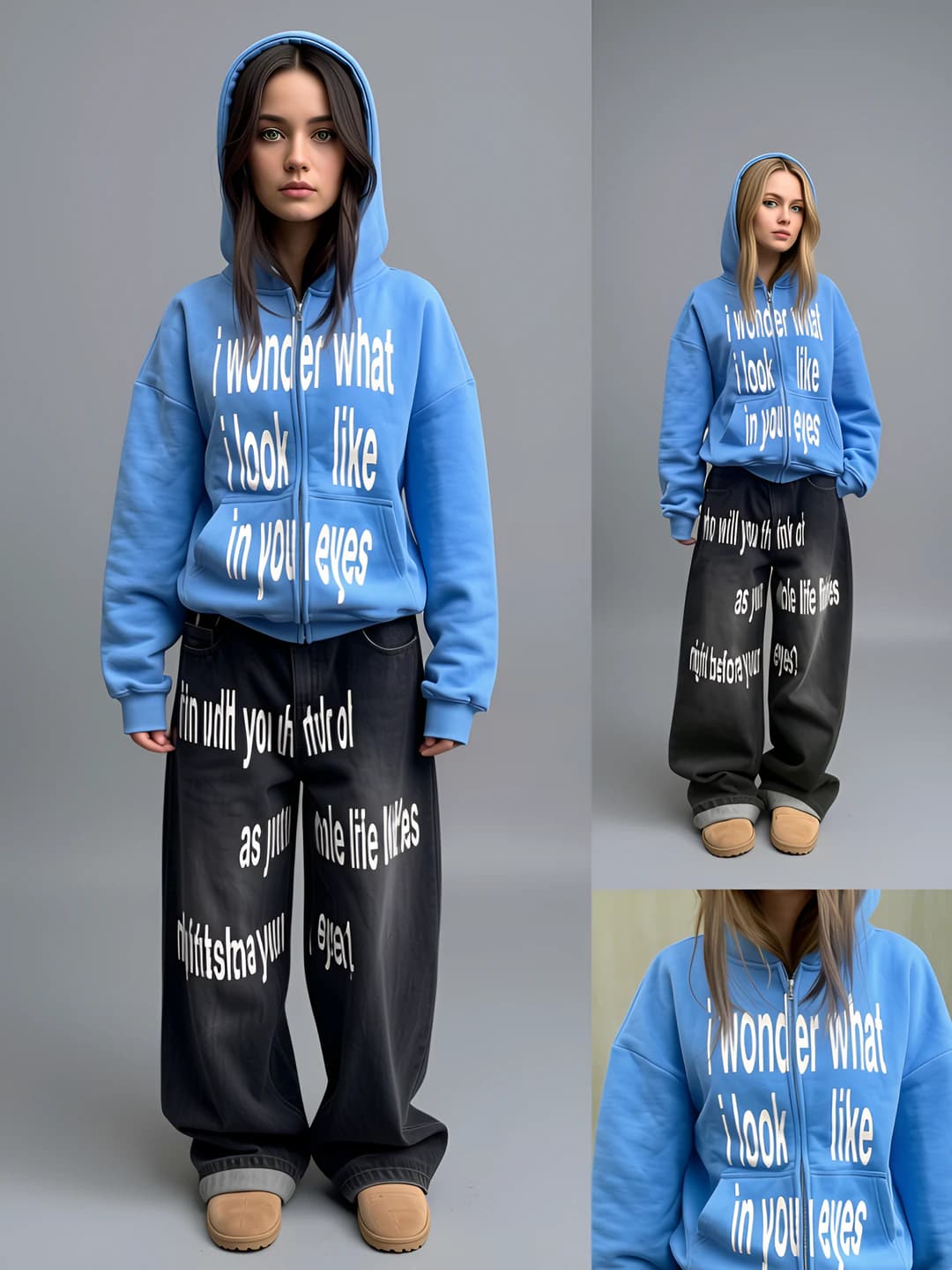 Women's zip-up sweatshirt: long sleeve, loose fit, mid-length, printed, retro, outerwear