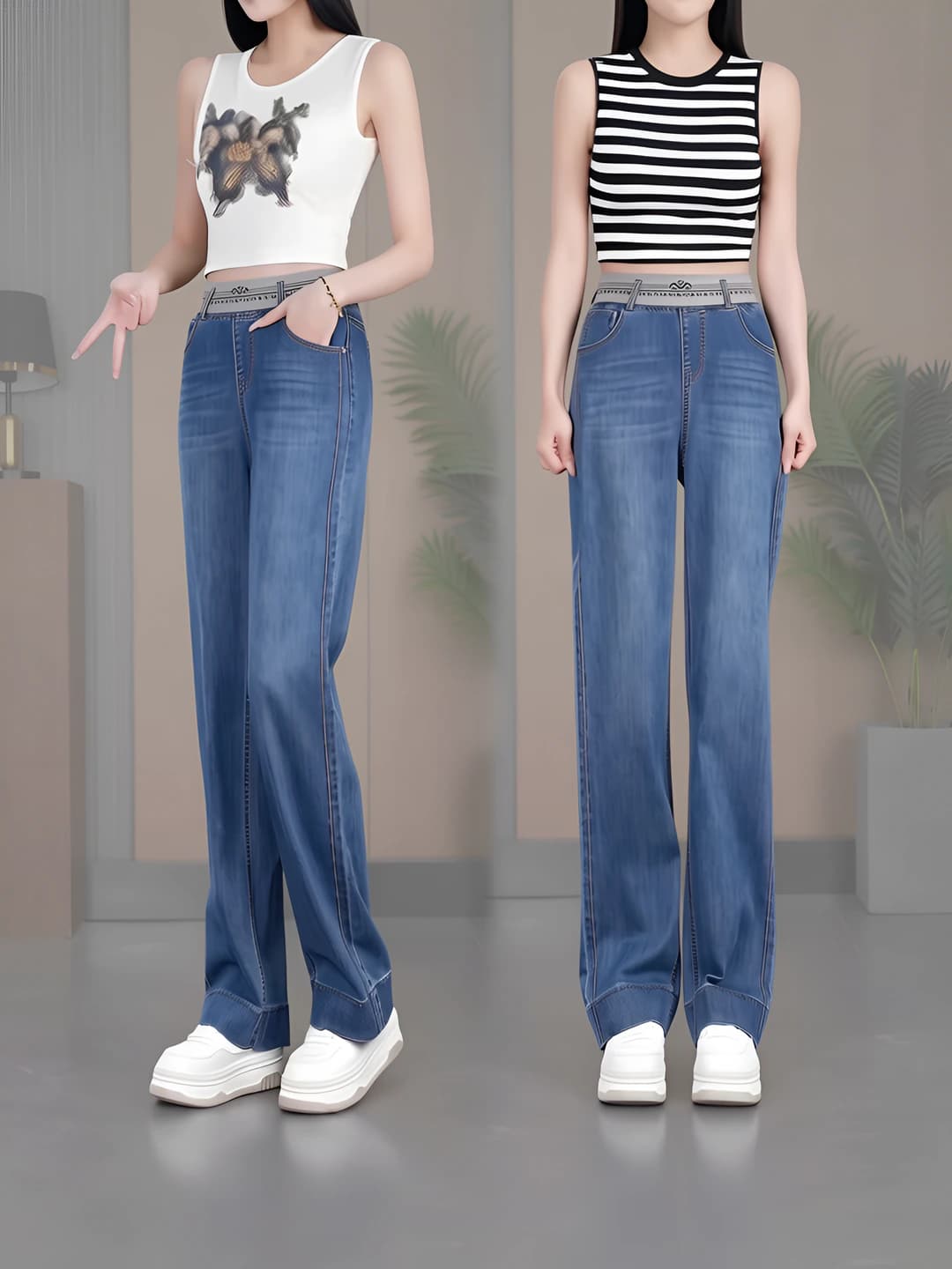 Ayollar uchun 2026 yozgi keng va klesh jinsi shimlar, baland bel, to'g'ri kesim, bo'sh (oversize), yengil, Tencel va jinsi mato