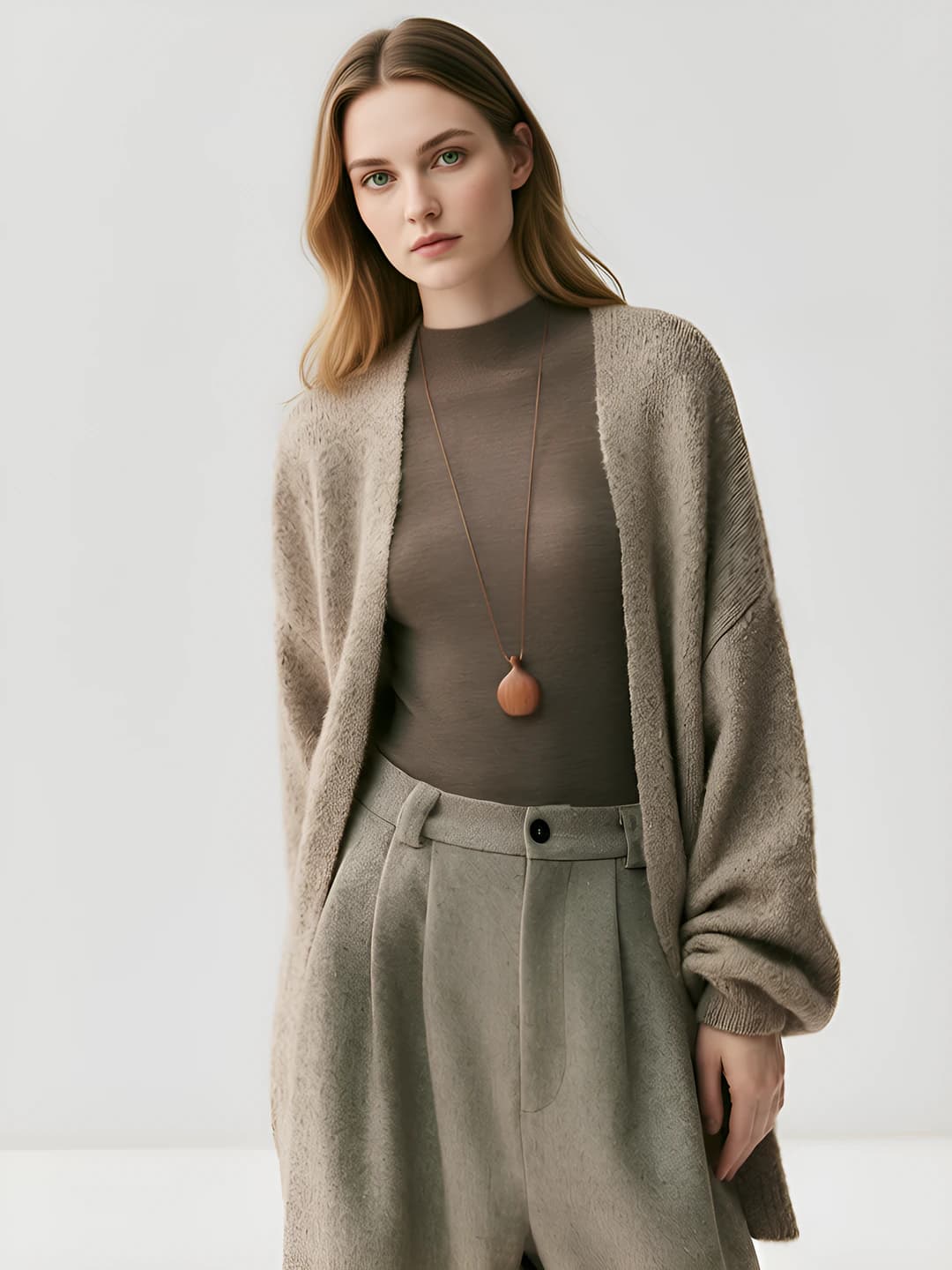 Women's cashmere cardigan, loose fit, mid-length, V-neck, long sleeve, solid colour, autumn-winter
