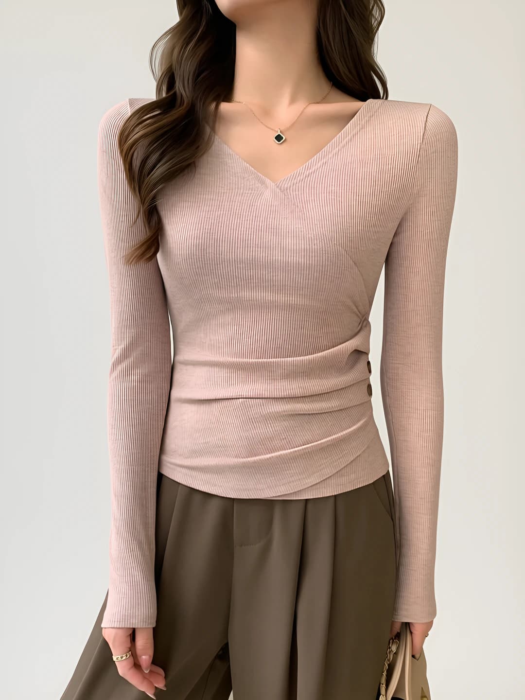 Women's autumn-winter V-neck long sleeve stretch slim fit slimming long-sleeve base top