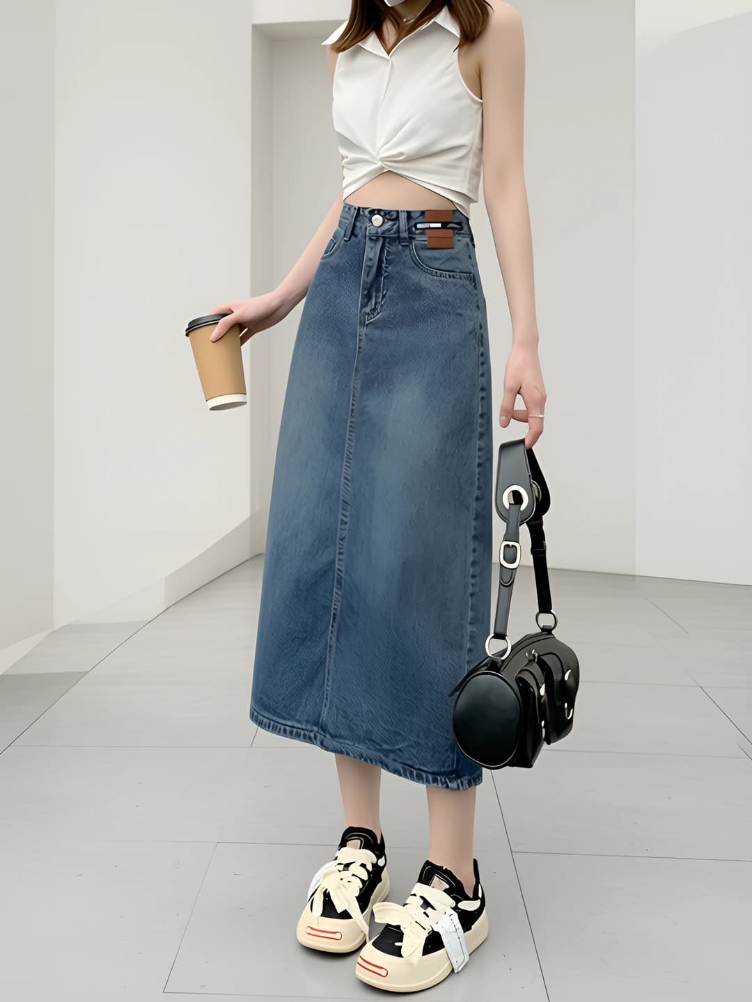 Women's all-cotton denim skirt, high waist, A-line, mid-length, straight cut, back slit, casual and business style