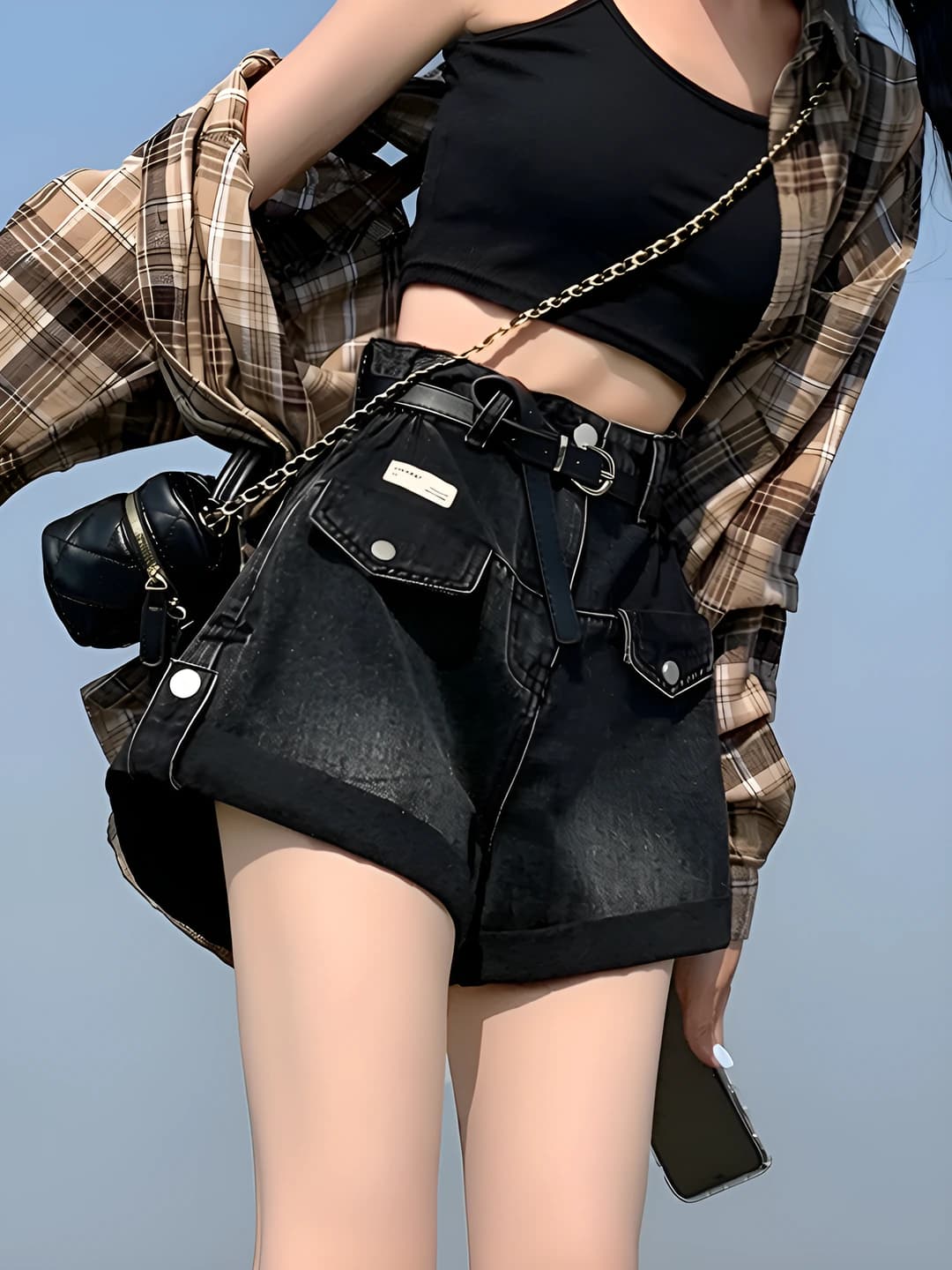 Ayollar uchun jinsi shorti, katta o'lcham, baland bel, fermuar, elastik bel, bo'sh (oversize), nozik ko'rsatadigan, keng shim, qora rang, kundalik