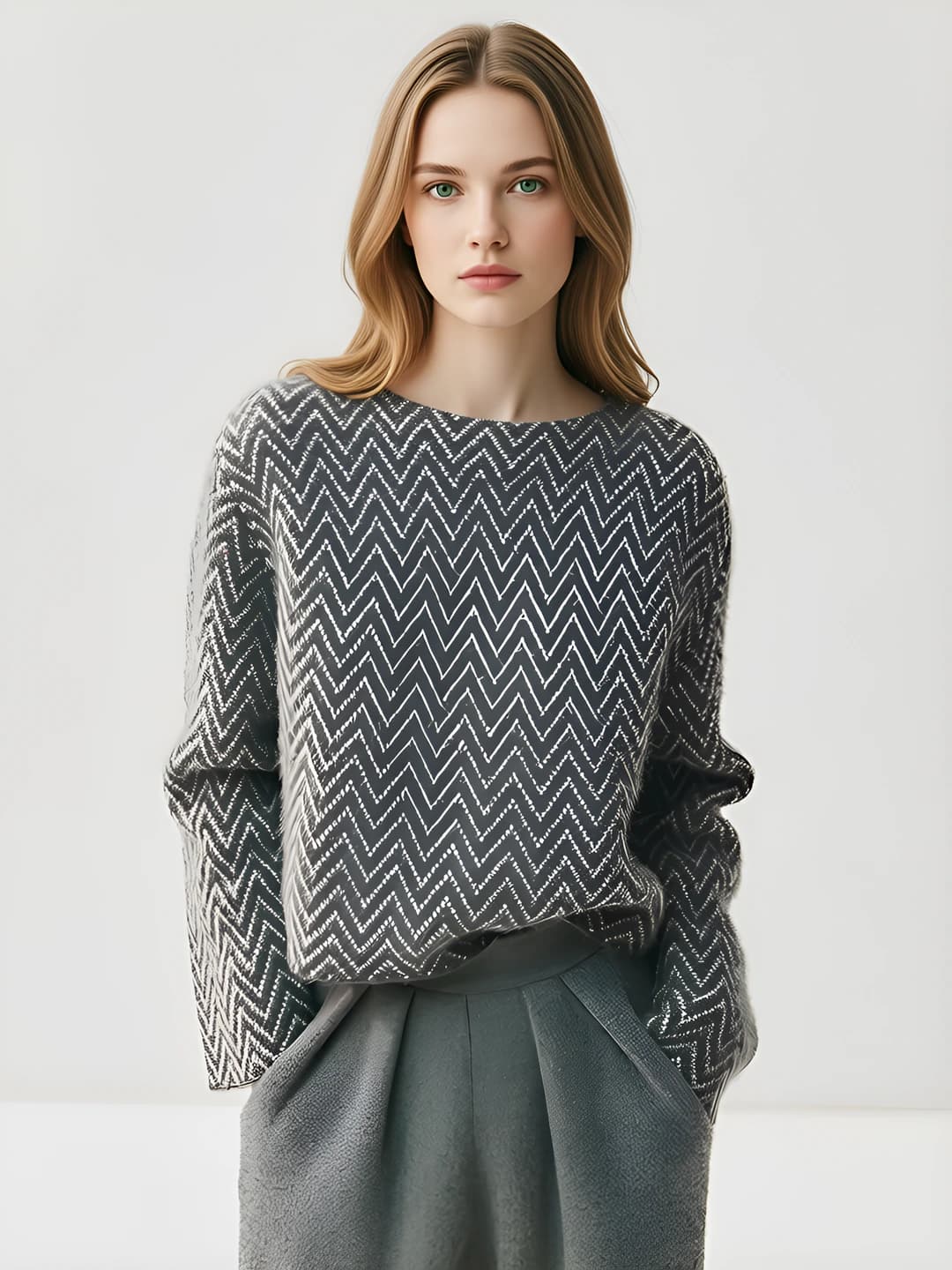 Women's cashmere sweater, loose fit, striped pattern, thickened, long sleeve, autumn-winter 2026