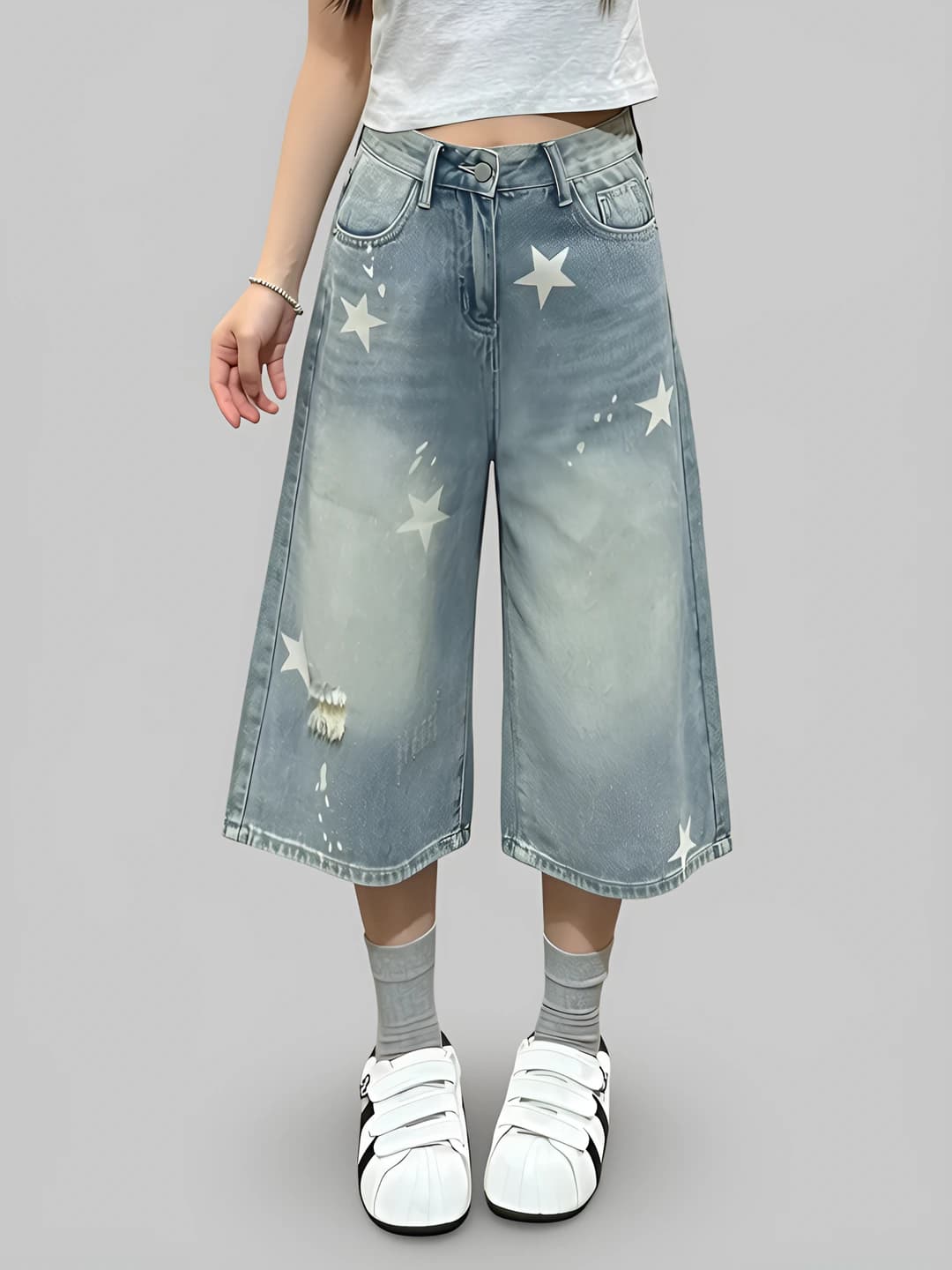 Women's summer plus size slimming distressed high waist loose fit wide-leg capri jeans