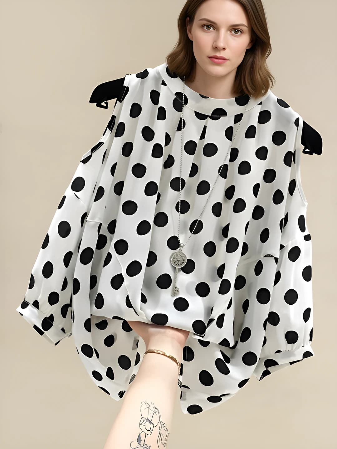 Women's summer plus size polka-dot chiffon blouse, loose fit, slimming, stand collar, short sleeve