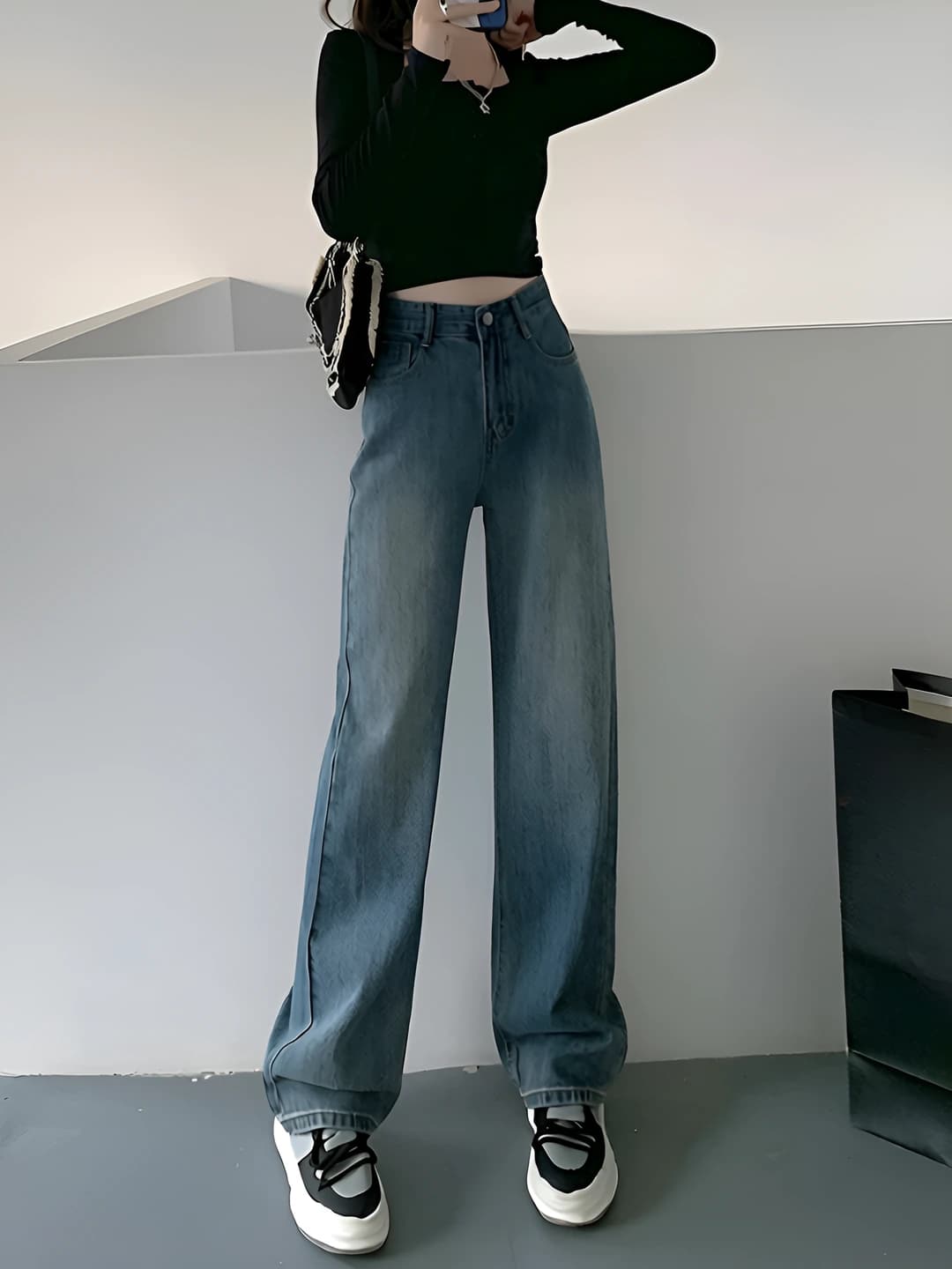 Women's retro wide and flared jeans, petite, high waist, straight cut, loose fit, all-cotton, autumn-winter