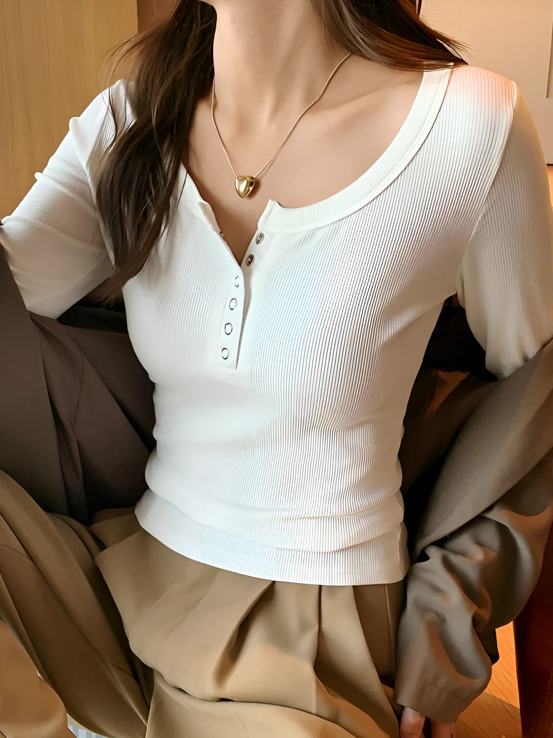 Women's long-sleeve ribbed top, slim fit, crew neck, slimming, for autumn-winter