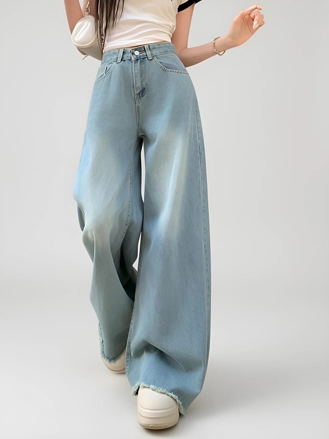 Women's wide and flared jeans: plus size, high waist, straight cut, loose fit, trousers, thin fabric, zip, summer