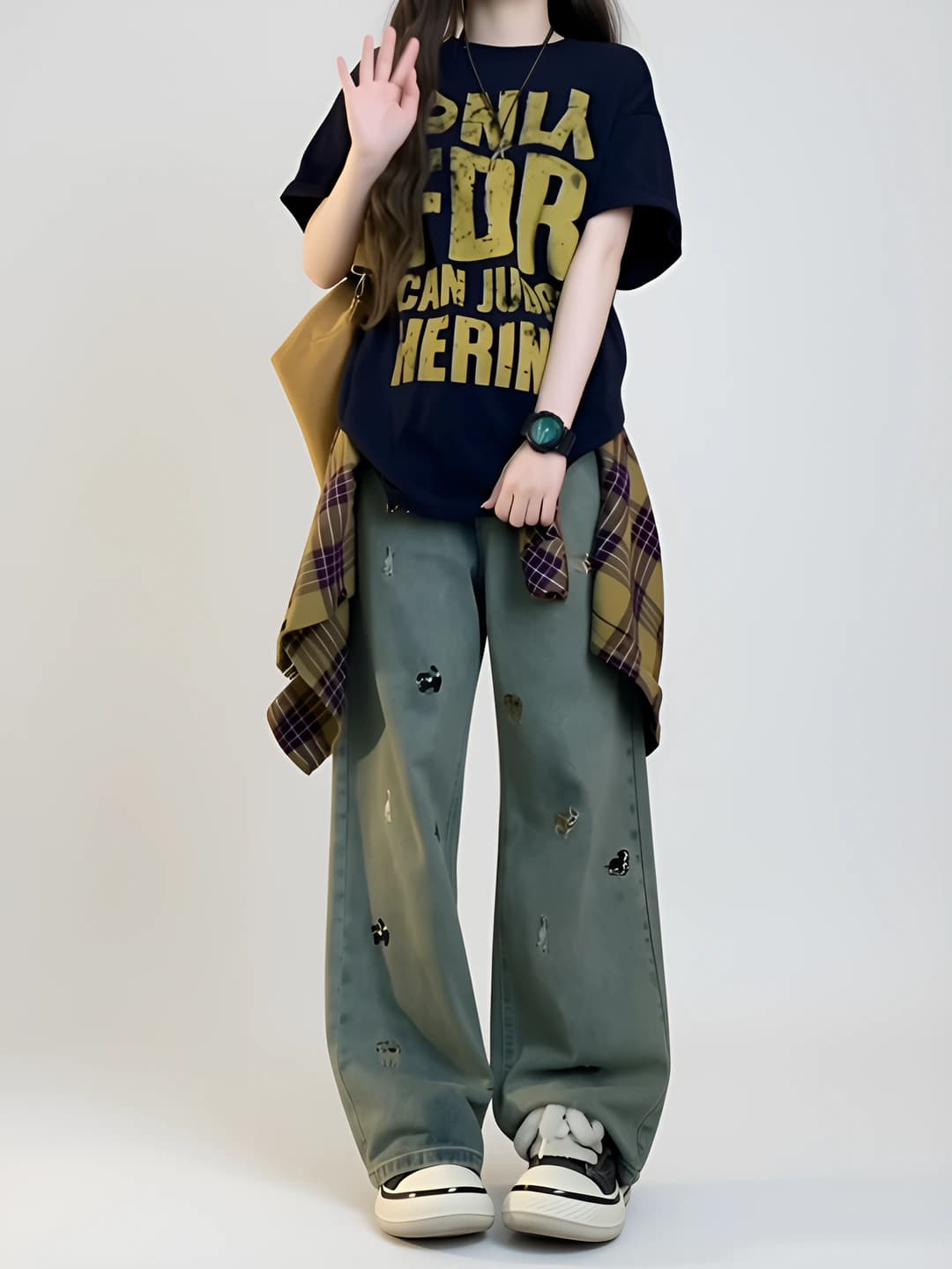 Women's 2026 autumn loose fit slimming, embroidered, high waist, straight cut, wide and flared jeans