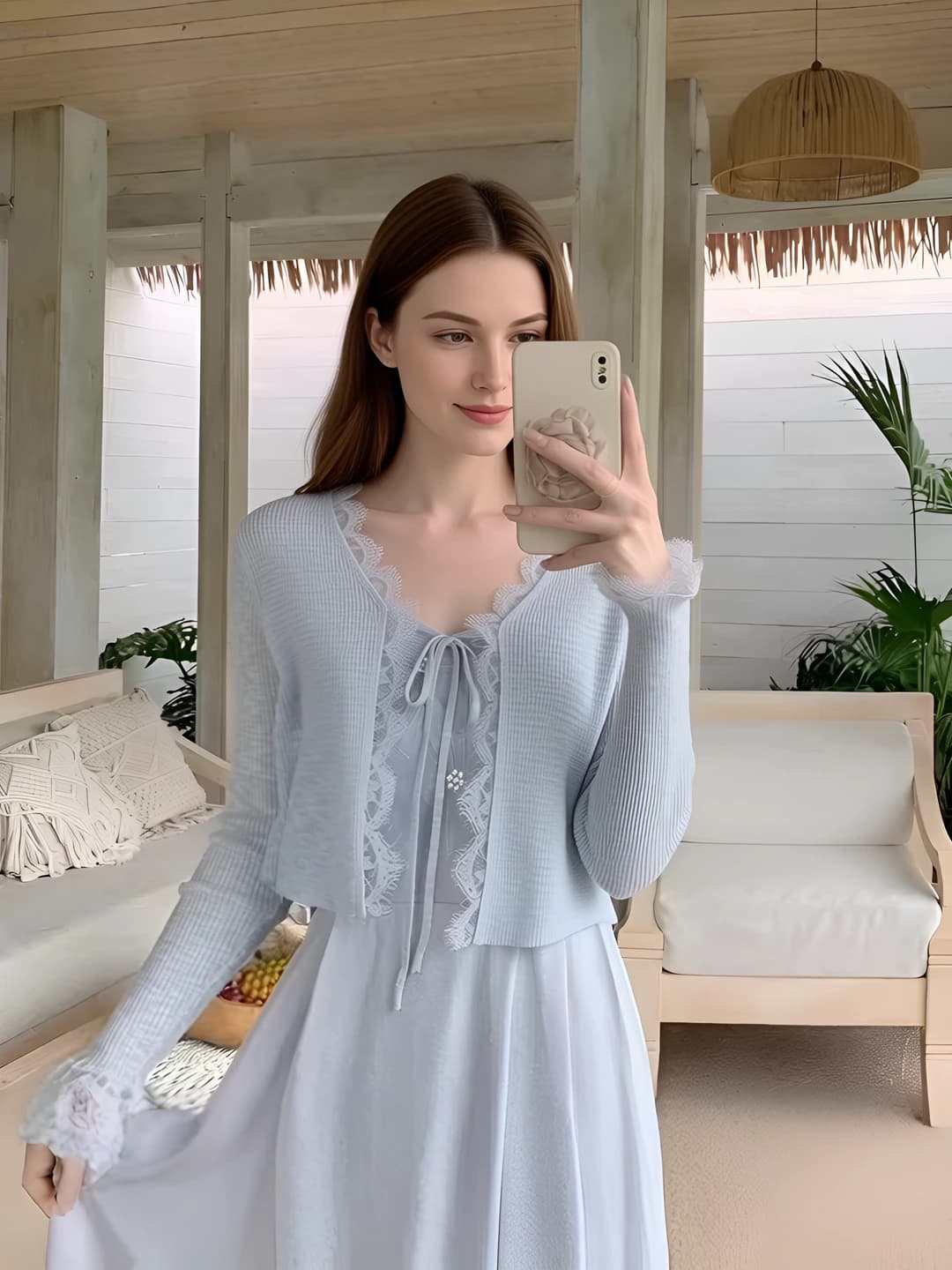 Women's 2026 spring-summer lace short knit cardigan, long sleeve, solid colour, with skirt