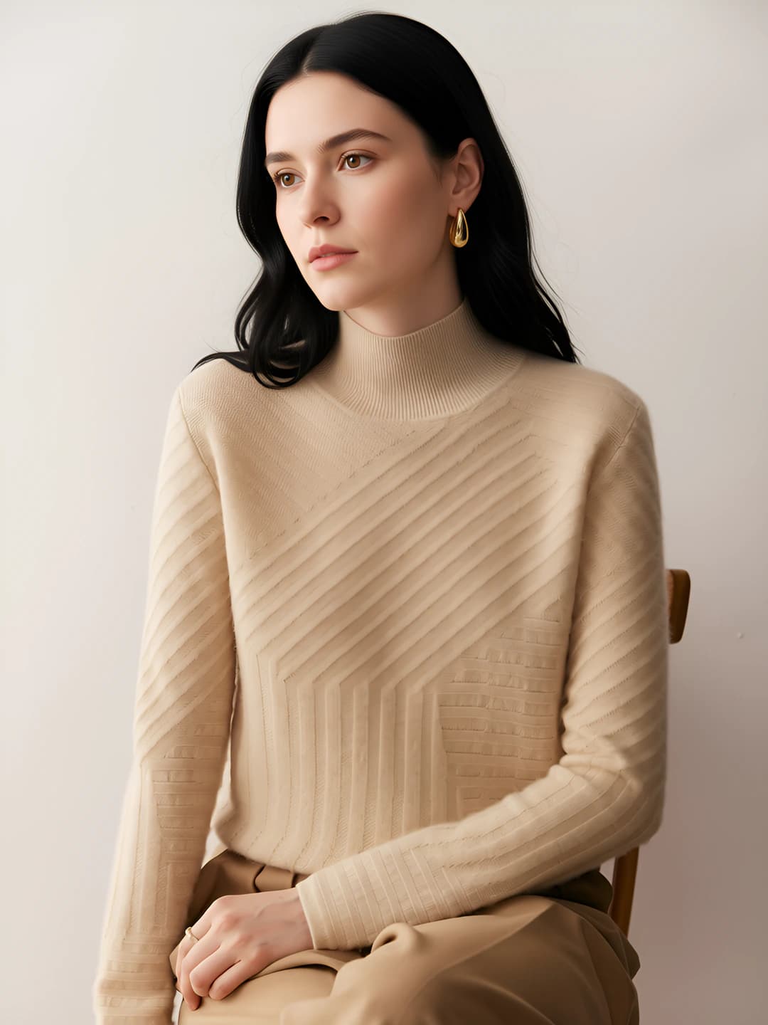 Women's cashmere sweater autumn-winter, mock neck, thick, loose fit, long sleeve, solid colour knit top