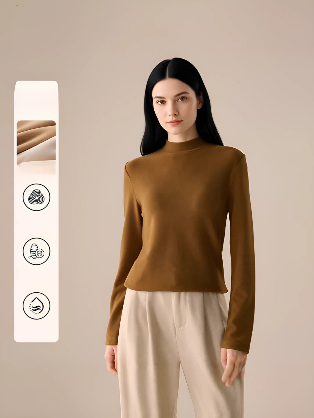 Women's knitted long-sleeve base top, fleece-lined, thickened, wool and silk blend, stand collar, autumn-winter