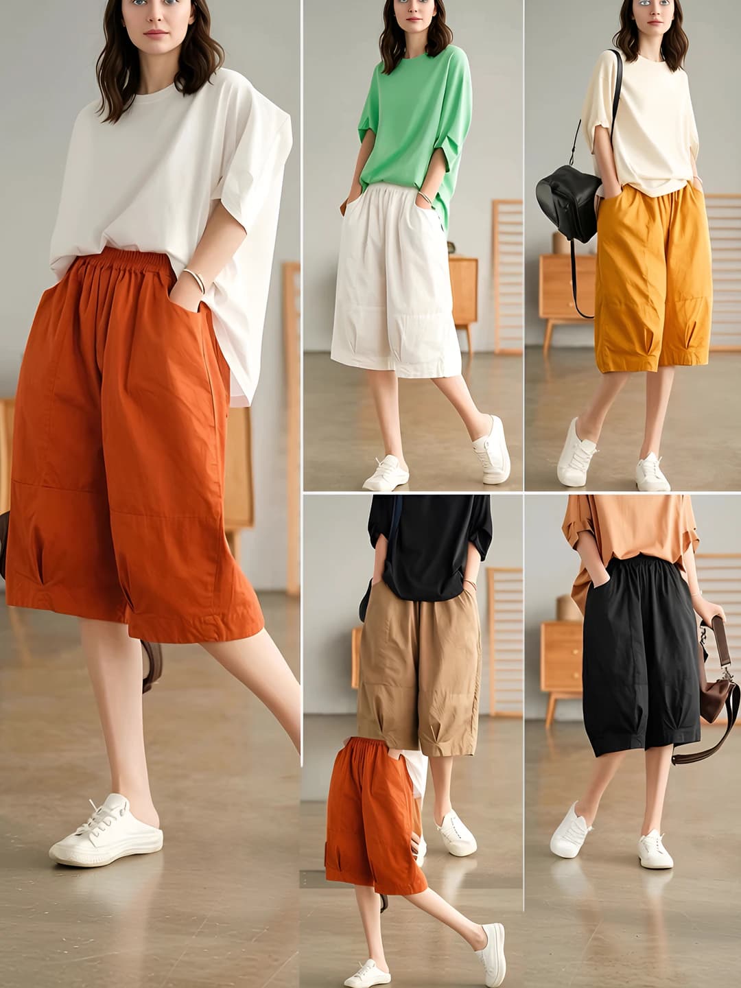 Ayollar uchun yozgiy kyulotlar: baland bel, elastik bel, keng shim, nozik ko'rsatadigan, bir rangli, kundalik, bo'sh (oversize), tizzagacha shorti, 70%–80% paxta