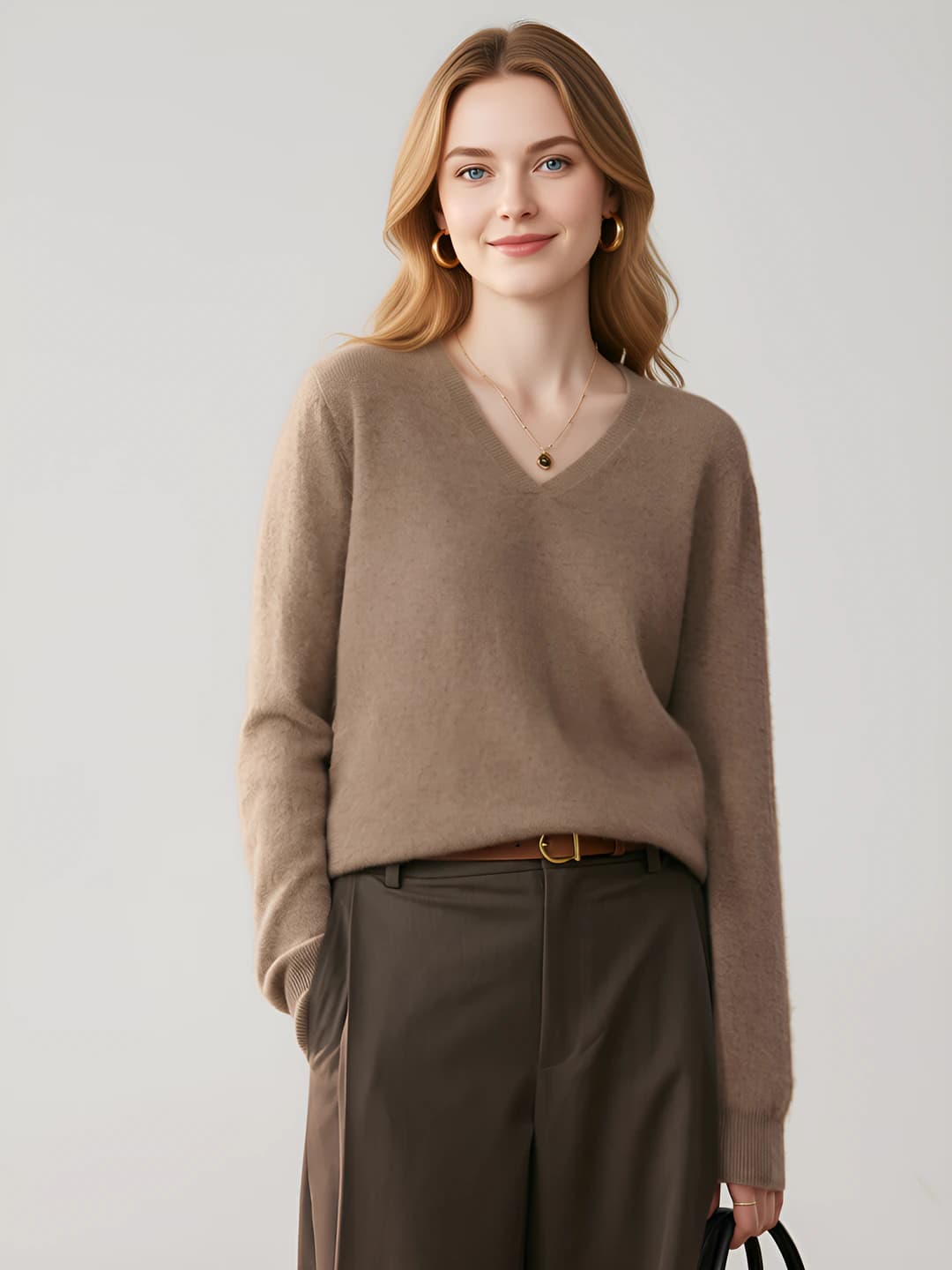 Women's V-neck cashmere knit top, loose fit, long sleeve, non-iron