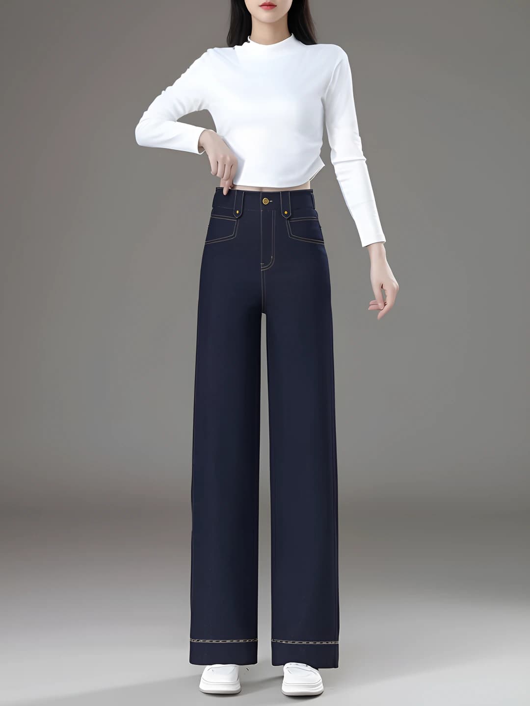Women's 2026 summer ice-silk fabric, fade-resistant, denim blue, high waist, slimming, straight cut, wide and flared jeans