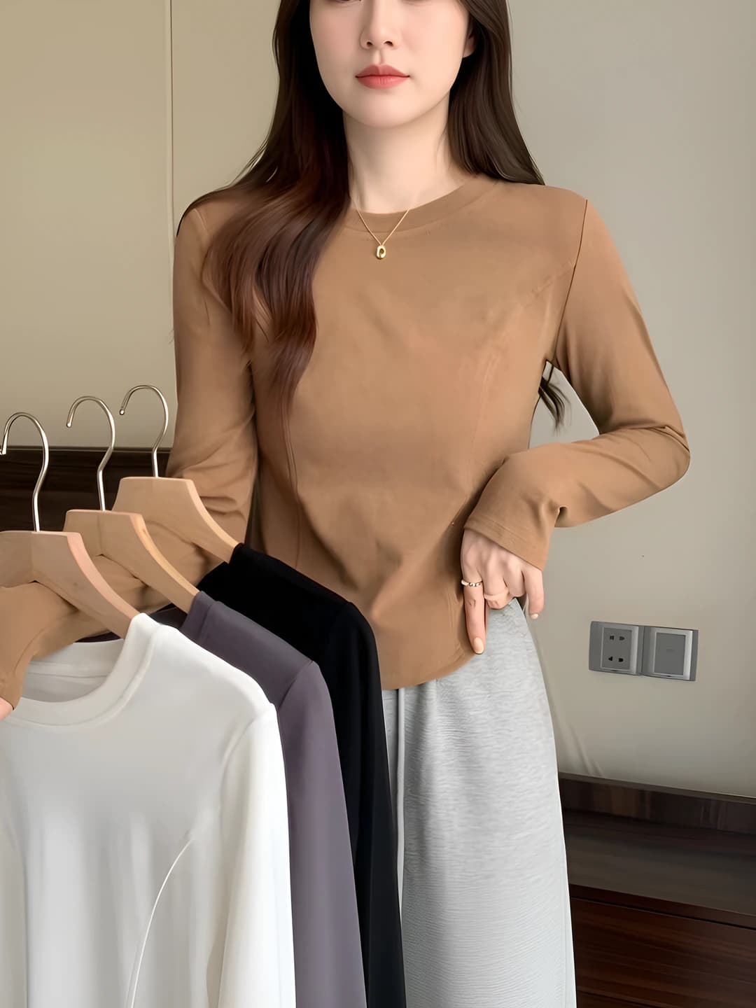 Women's 2026 spring plus size slim fit crew neck long sleeve cropped long-sleeve base top