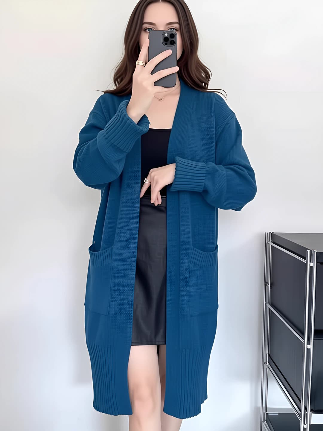 Women's knit cardigan: autumn-winter, mid-length, solid colour, V-neck, loose fit, long sleeve, slimming