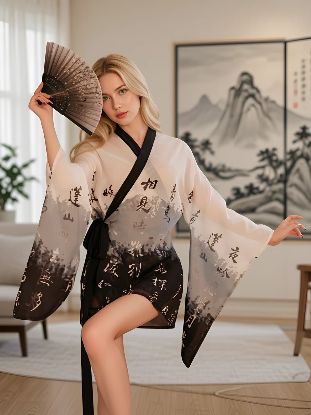 Ayollar uchun kimono uslubidagi erotichki ichki kiyim to'plami, shifon mato, katta o'lcham, o'yin-kulgili rol o'ynash uchun