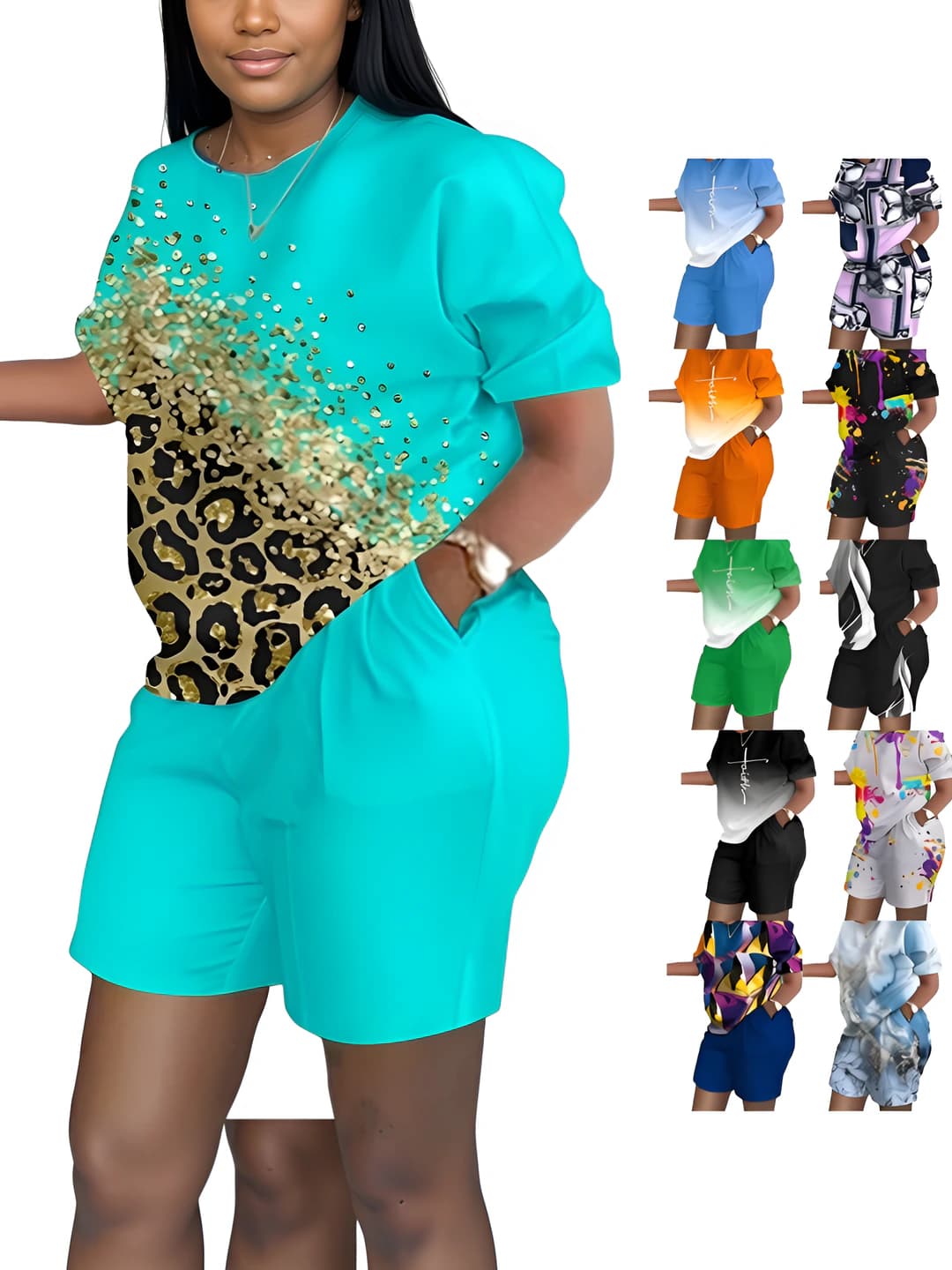 Women's summer two-piece set with print and short sleeves (top and shorts)