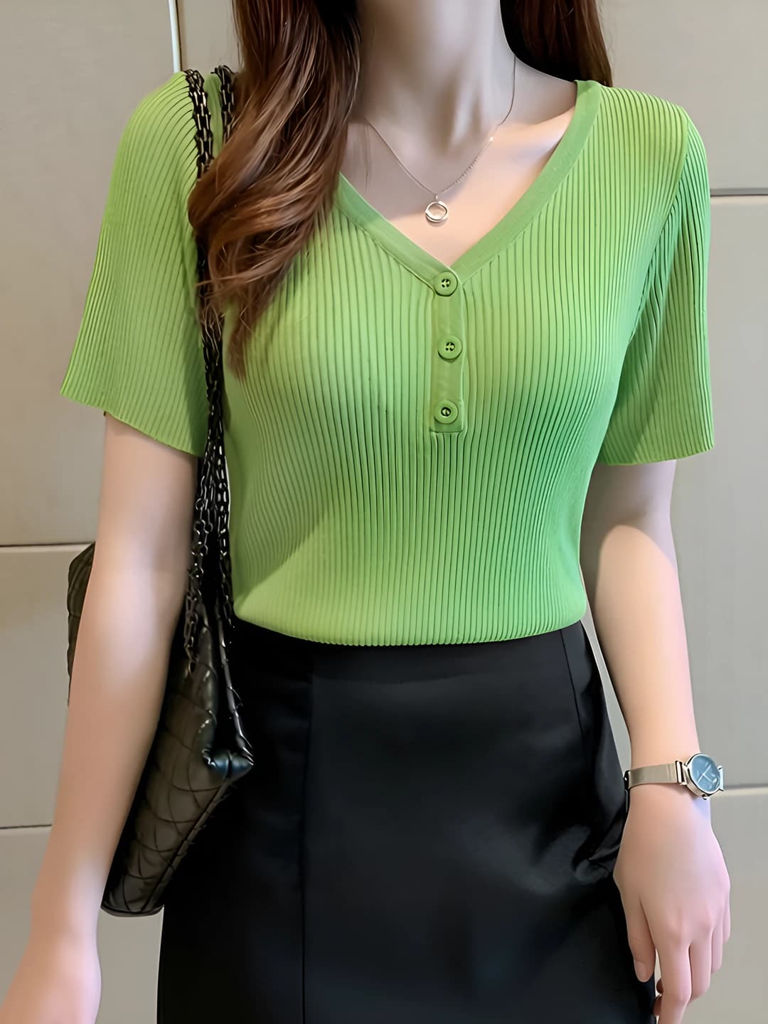Women's summer Korean style V-neck short sleeve knit top, slim fit, ice-silk fabric, solid colour, white