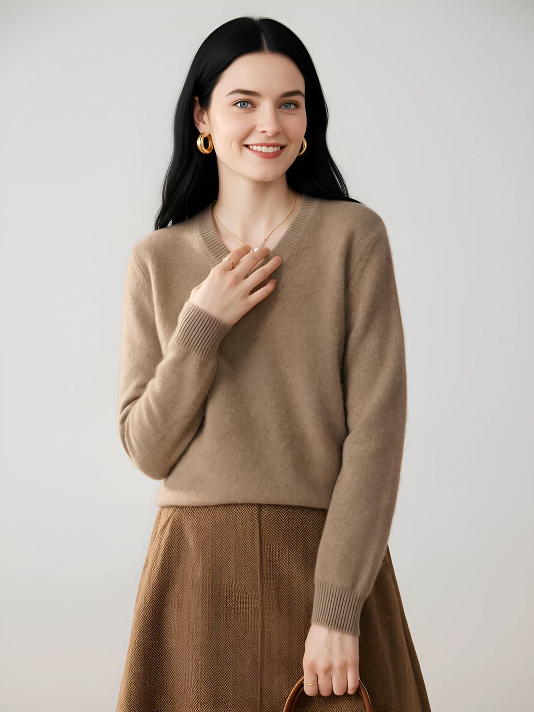 Ayollar uchun kuz-qish V-yoqa kashemir sviter, bo'sh (oversize) kesim, uzun yeng, bir rangli, qalin, kundalik uslub