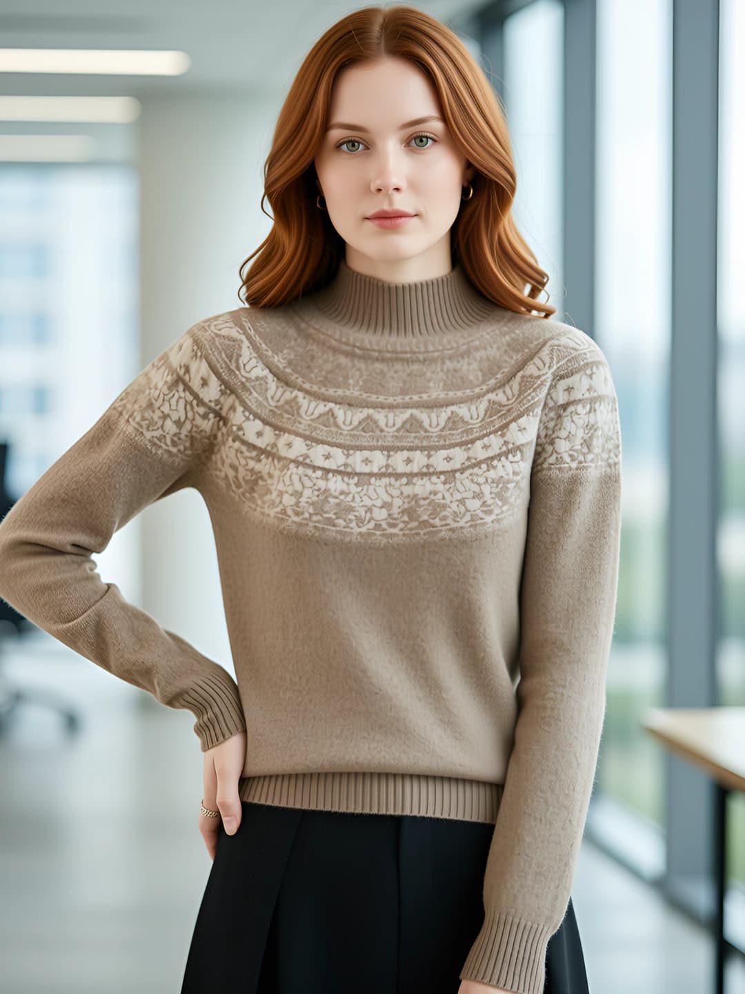 Women's 100% wool sweater, warm, thickened, mock neck