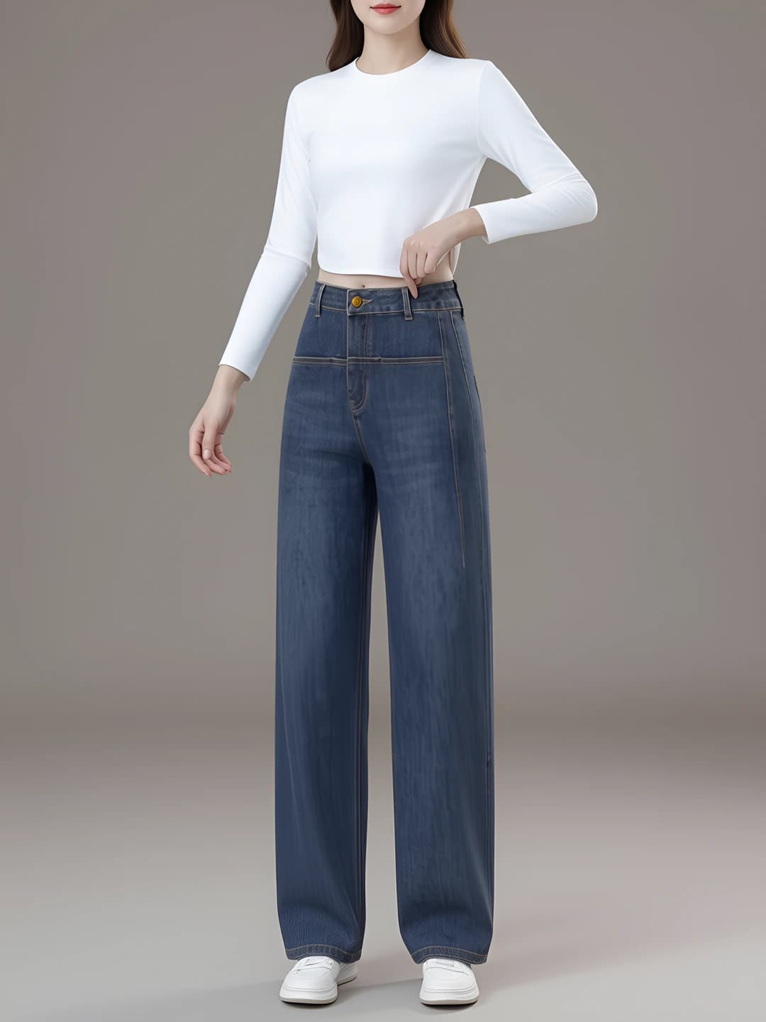 Women's wide and flared jeans, autumn-winter, fleece-lined, thickened, high waist, loose fit, retro