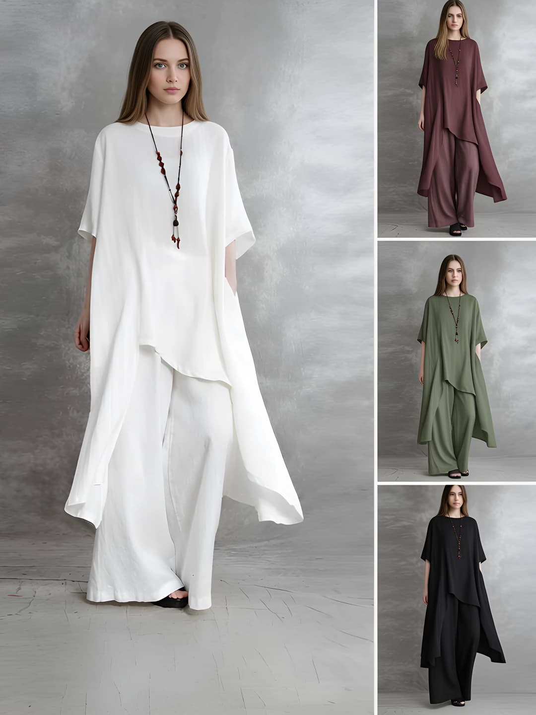 Women's plus size casual set: t-shirt and trousers, solid colour, elbow-length sleeve, all-season