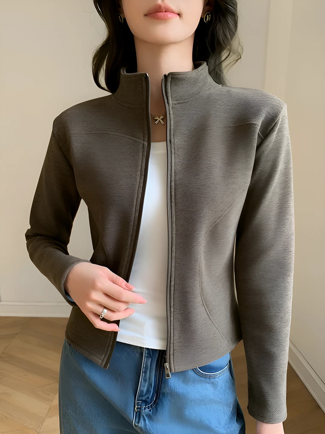 Women's fleece-lined zip-up sweatshirt, stand collar, slim fit, long sleeve, warm outerwear for autumn-winter