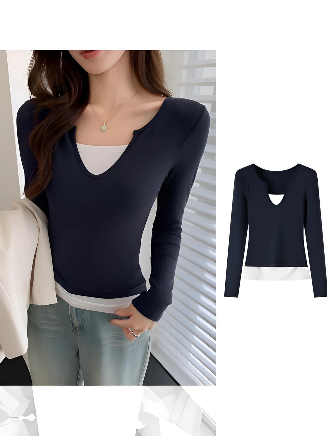 Women's long sleeve longsleeve, V-neck, slim fit, slimming, retro style, two-layer design