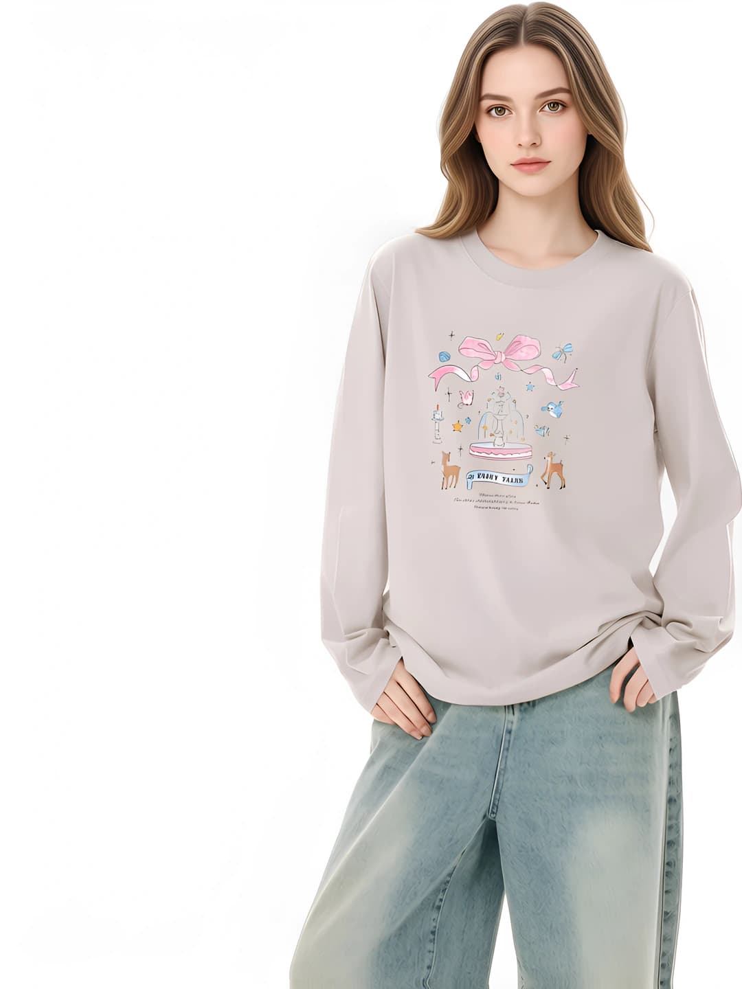Women's pure cotton long-sleeve base top, spring-autumn, loose fit, crew neck, printed, casual style