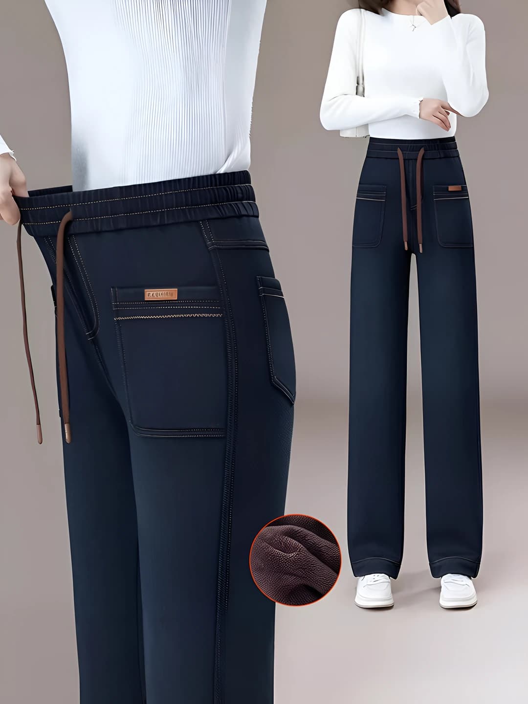 Women's fleece-lined straight cut jeans, winter, elastic waist, thickened