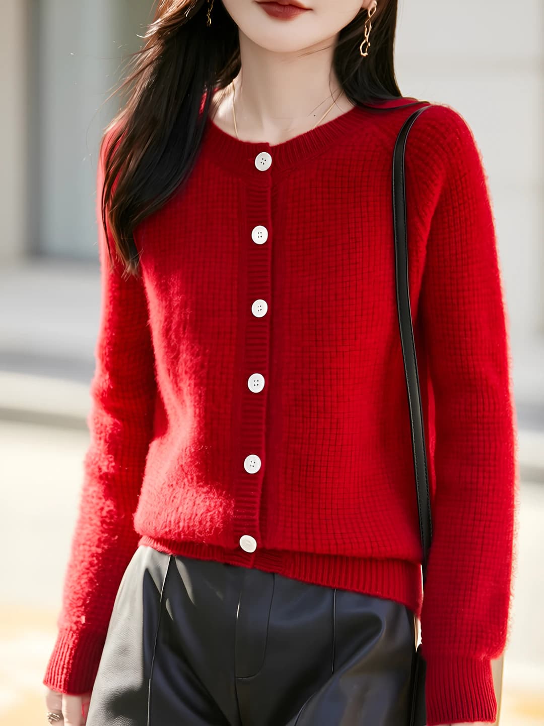 Women's thickened warm cardigan made of 100% wool and cashmere with crew neck, solid colour, loose fit