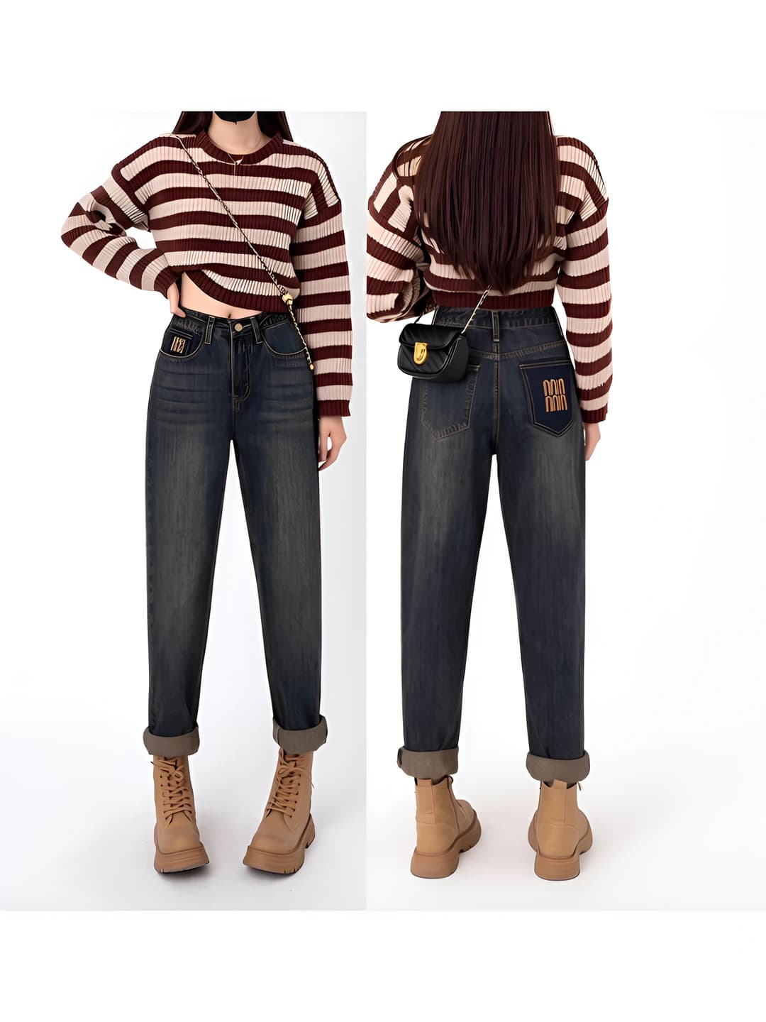 Women's plus size fleece-lined thickened high waist slimming ankle-length jeans