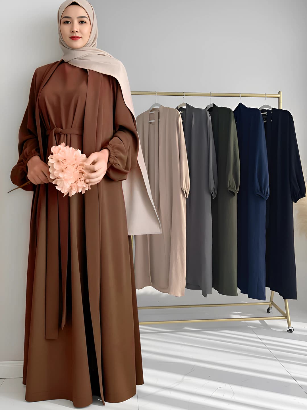 Women's solid colour long skirt set, long sleeve, polyester and spandex fabric, casual style