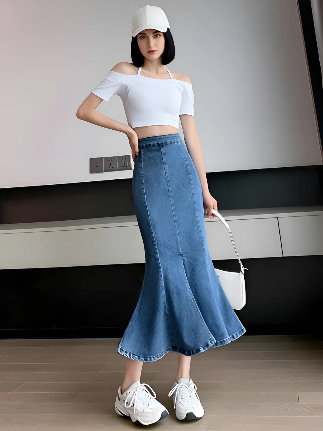 Ayollar uchun yupqa yozgi baland belli A-shaklli denim mermaid midi yubka, past bo'ylilar uchun, qirrali fermuarli to'lqinli dizayn