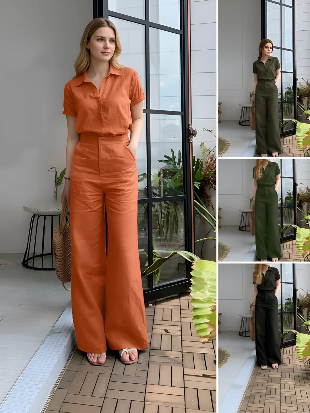 Women's set with lapel collar and short sleeve: solid colour, blend fabric, wide-leg trousers