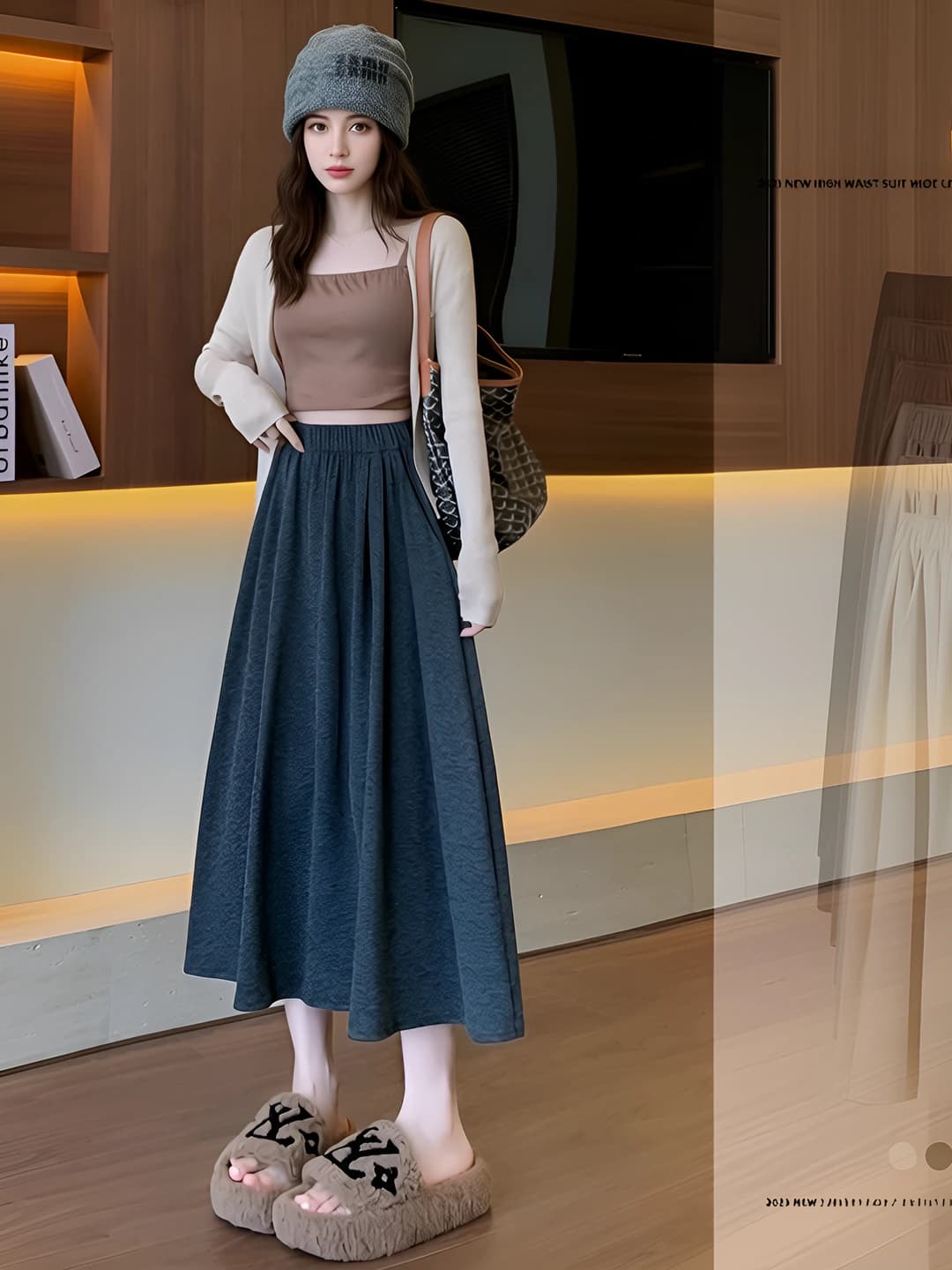 Women's high waist slimming A-line skirt, preppy style, mid-length, spring-autumn
