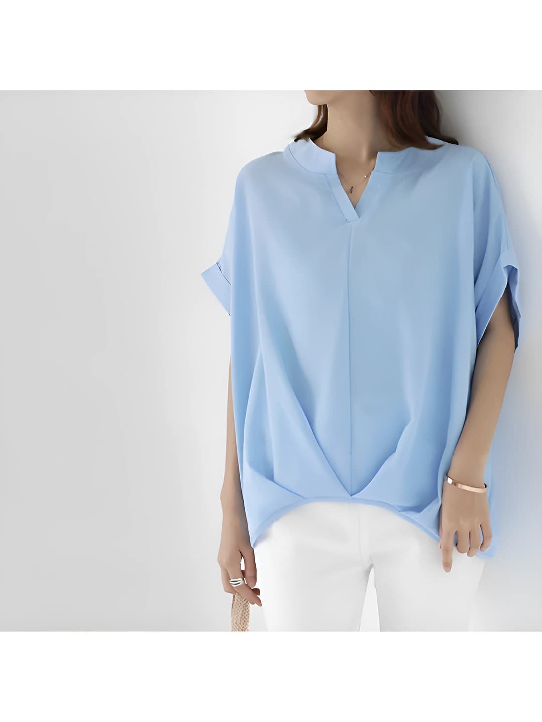Women's summer V-neck short-sleeve loose fit solid colour slim fit chiffon blouse