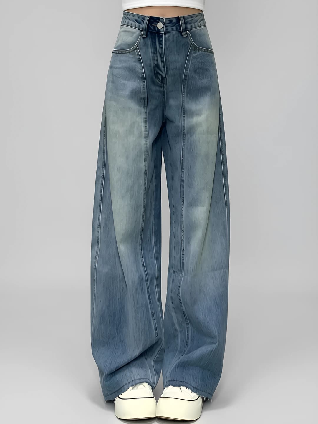 Women's retro blue wide and flared jeans, winter, plus size, loose fit, straight cut, slimming, high waist, casual, trousers