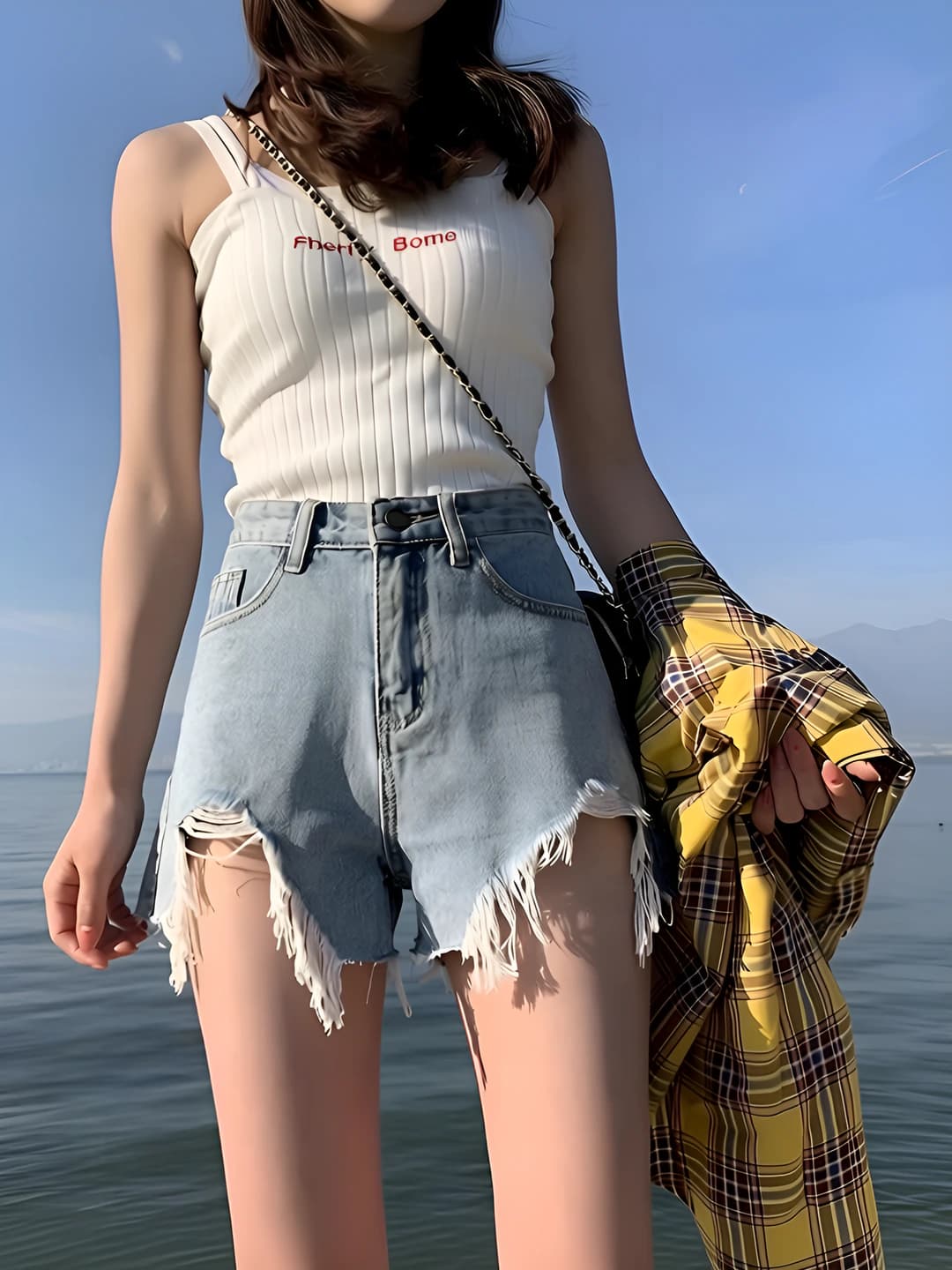 Women's high waist loose fit distressed denim shorts, Korean style, slimming effect