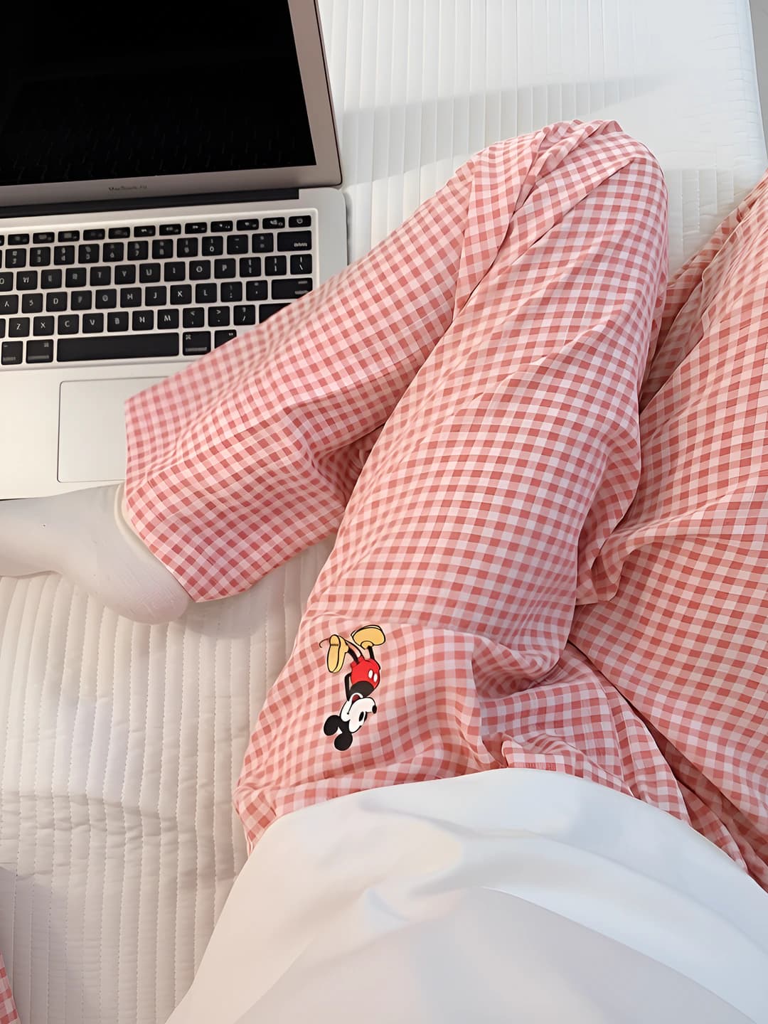 MY502# Розовая клетка Mickey брюки
