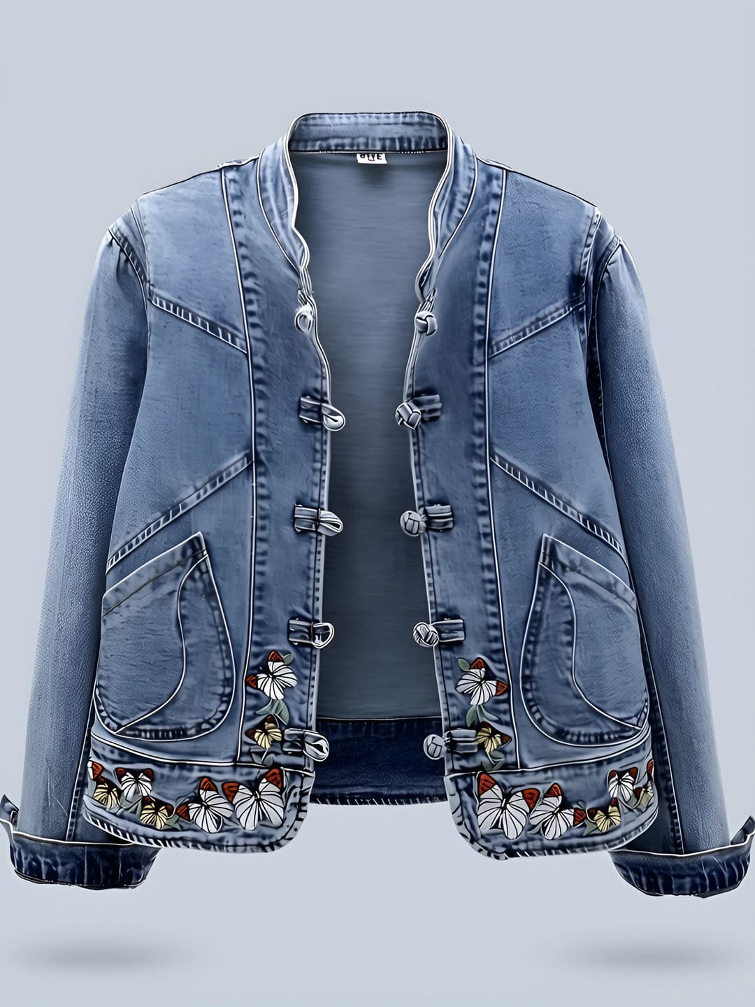 Women's spring-autumn retro embroidered stretch denim jacket, slim fit, cropped, stand collar, long sleeve