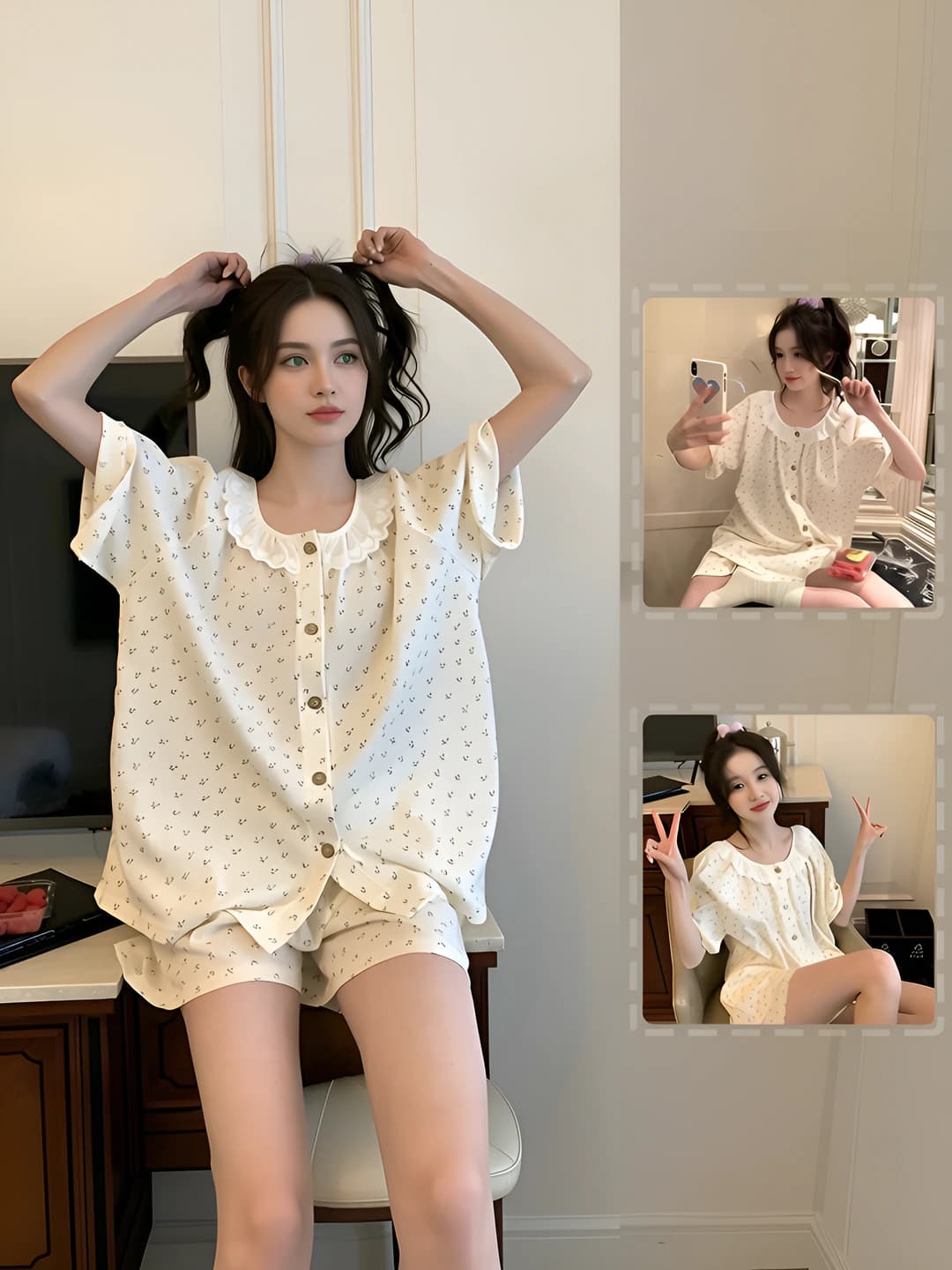 Ayollar uchun yozgi pijama to'plami: dantel kardigan, kalta yeng, shorti, yupqa, havo o'tkazuvchan, kundalik, uy kiyimi
