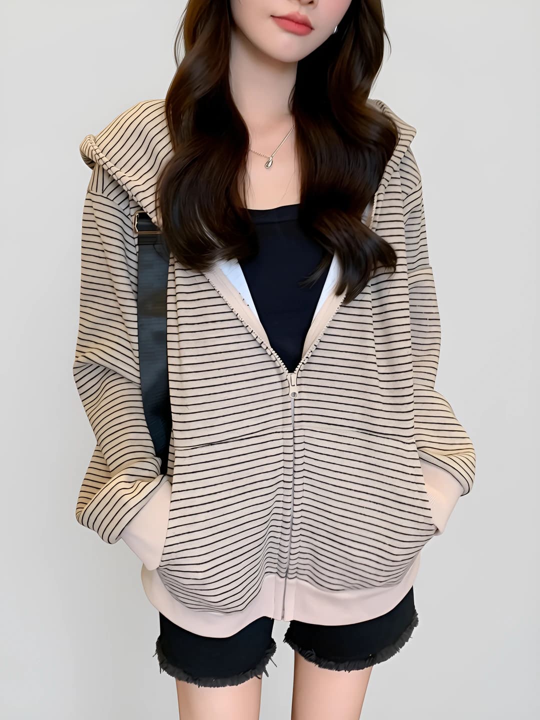 Women's thick striped zip-up sweatshirt, autumn-winter, retro, loose fit, long sleeve